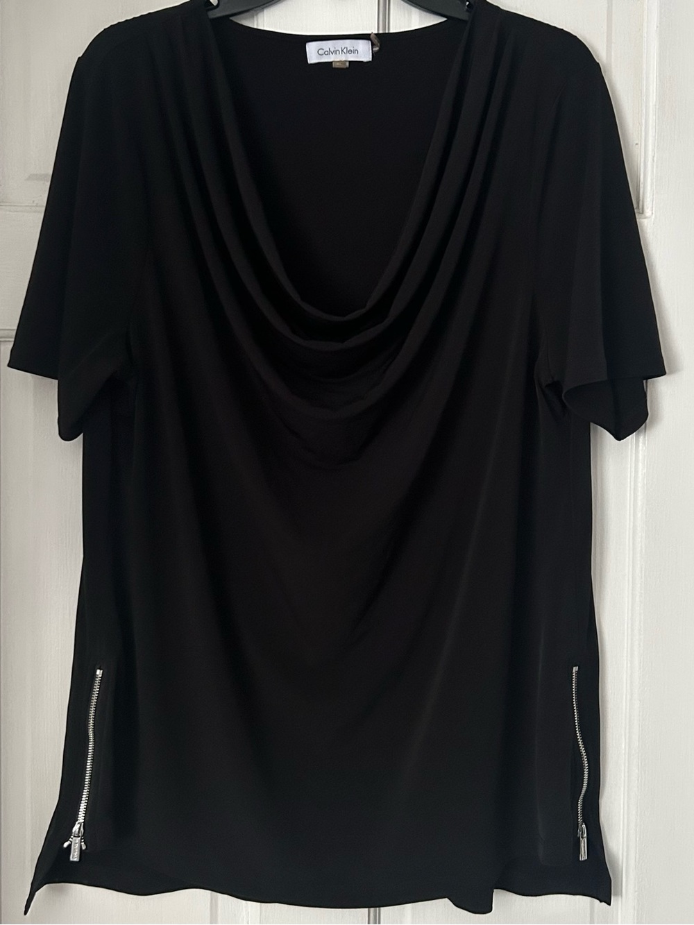 Calvin Klein Black Cowl Neck Top Short Sleeve Side Zippers Size XL